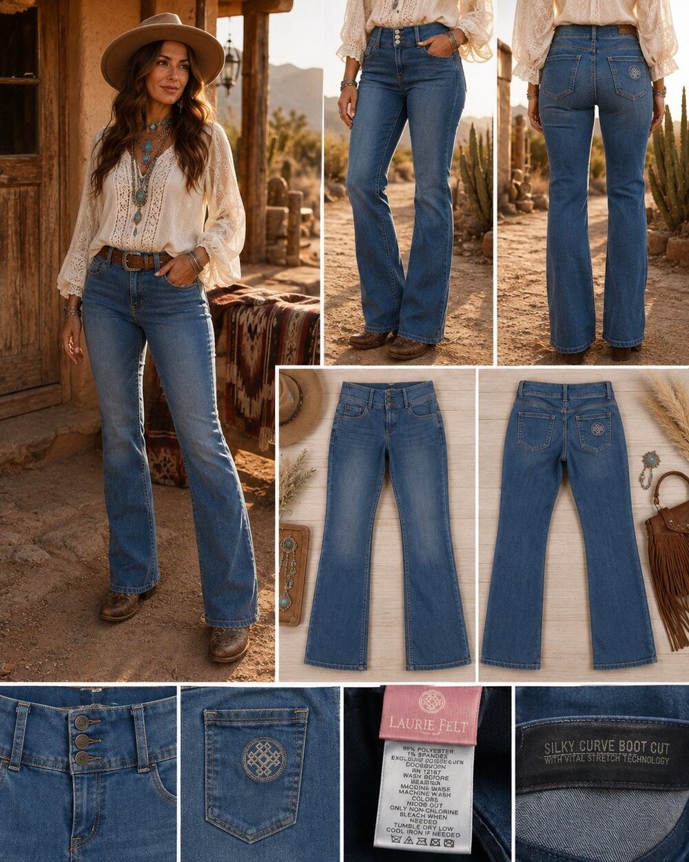 Laurie Felt Silky Curvy Bootcut Jeans Womens M Dark Wash Stretch 3 Button Boho